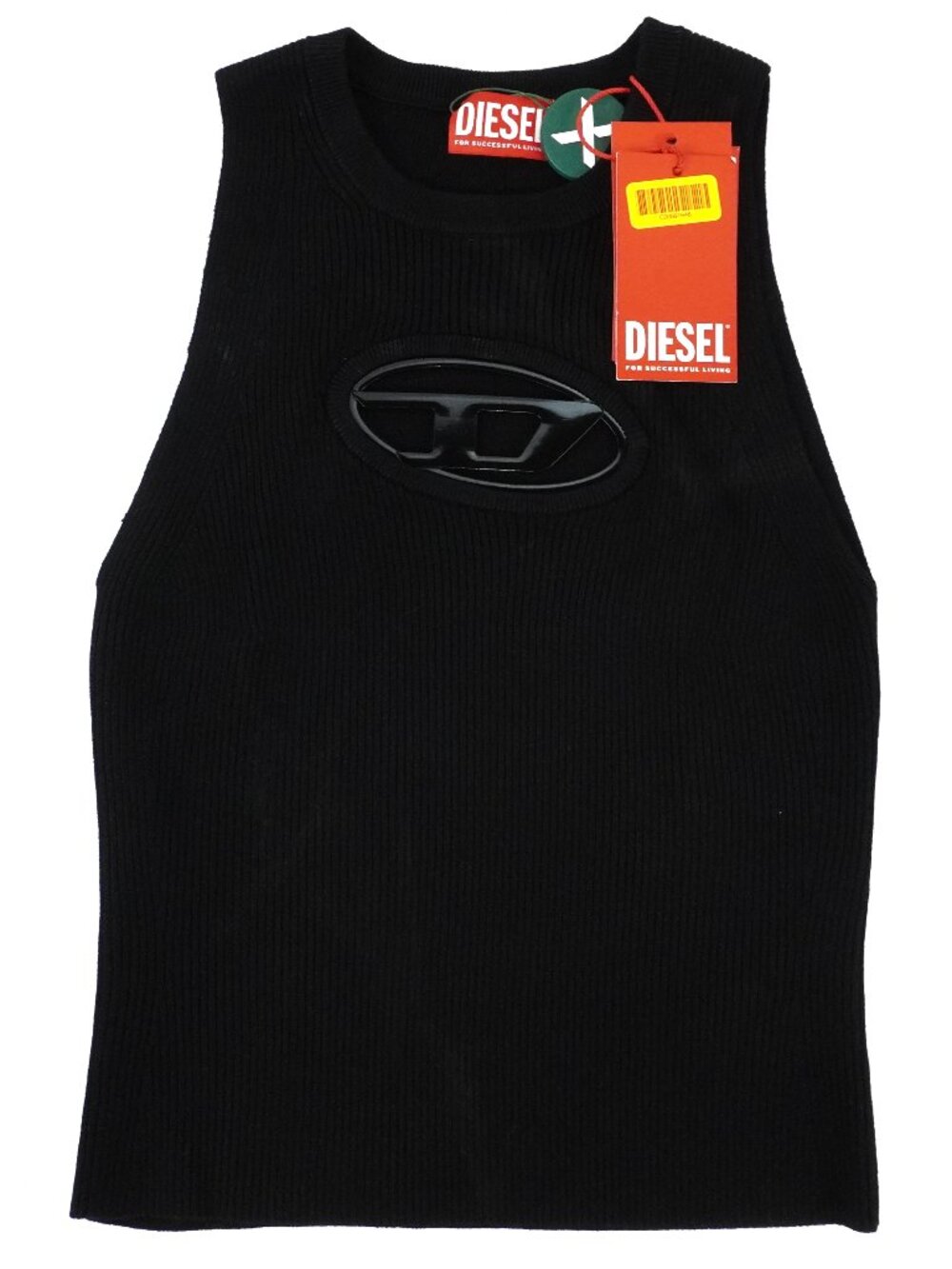 Diesel Cut-Out M-Onerva Knit Top With Logo Plaque in Black - Size Small (NWT)